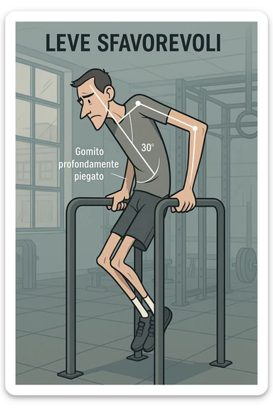 a tall, lean man with very long arms and a short torso attempts a dip on parallel bars. His elbows are deeply bent and his body appears awkwardly positioned, highlighting the mechanical disadvantage. An overlay shows anatomical lines and angles, with labels explaining “Leve Sfavorevoli” The background is a modern gym, with a focus on biomechanics. in italiano sticker