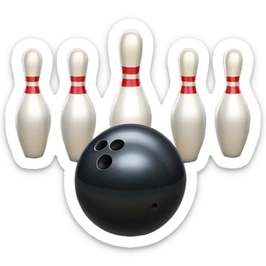 A bowling ball rolling down the lane towards a set of pins, with the pins poised to fall. The scene is set in a bowling alley with bright lights and a polished wooden floor, capturing the excitement and precision of the sport. sticker
