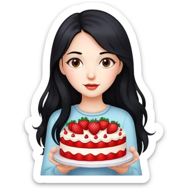 Beautiful girl with long black hair holding a strawberry cake sticker