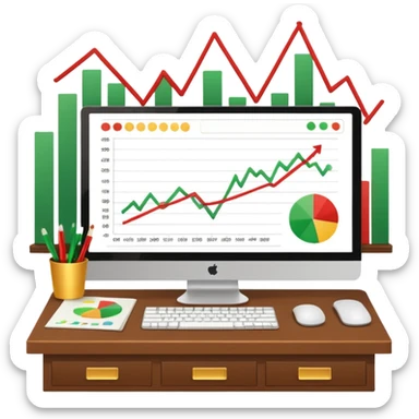 Mach mir einen schreibtisch mit einem bildschirm drauf wo mann einen Chart sieht von Gold sticker