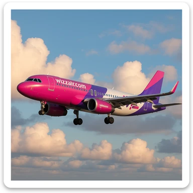 Wizz Air Airbus A320 airplane, flying in the sky, pink and purple colors, clouds sticker