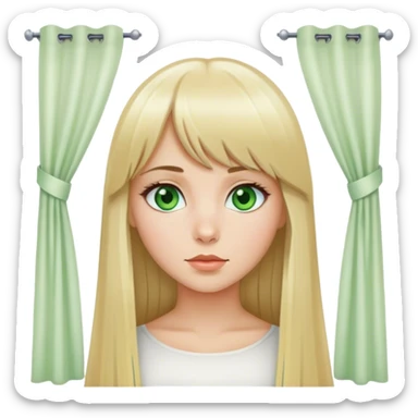 Beautiful Russian girl, green eyes, blond long straight hair, slightly long bangs with a curtain sticker