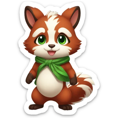 Cute, Chibi, chubby, fluffy, Kemono-style, Anthro, Fur-Sona, Dark-Red, Squirrel-RedPanda-hybrid-Fakémon, with a green bandana, full body sticker