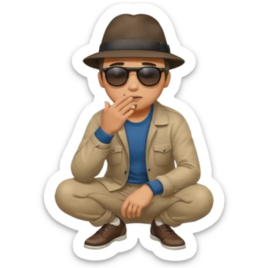 A man squatting down and holdig his hand flat a bit above the ground, like your pettig the air and while holding his finger to his mouth sticker