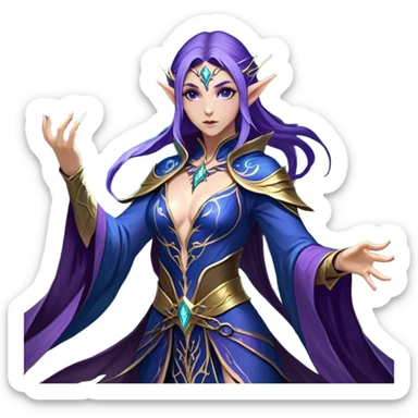 Cinematic Realistic WoW Elf Mage Portrait, captured in a dynamic, battle-ready stance, her graceful form exuding raw arcane energy. Her luminous skin and delicate features, set against an intricately detailed robe in consistent deep blues and purples with golden accents, are rendered with lifelike texture and dynamic, magical lighting, high shine, fierce and commanding, embodying the relentless spirit of an elven sorceress mid-spell. sticker