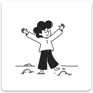 Whimsical character dancing with arms up on beach, sunshine highlighting their silhouette, playful tralalala mood, ocean waves sticker