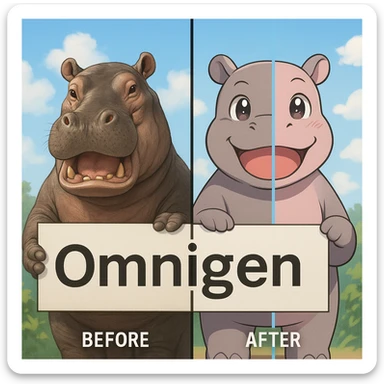 two hippo holding sign of omnigen, half picture 1 hippo is realistic another half is the anime of that same second hippo, with before after mark sticker