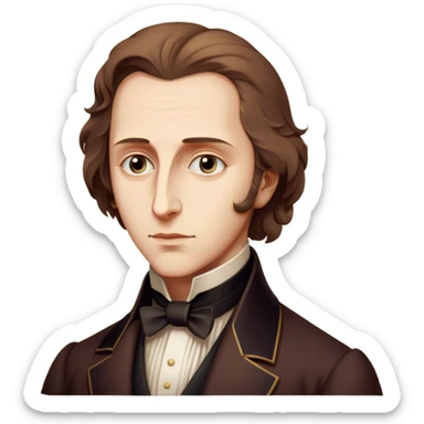 Cinematic Realistic Chopin Portrait Emoji, depicted as an introspective composer with expressive eyes and period attire, rendered with rich textured detail and soft classical lighting that captures his emotive musical genius. sticker