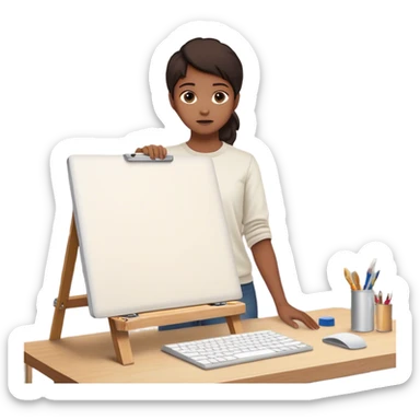 A person is **standing up from their desk**, a determined look on their face. In front of them is a **blank canvas, an open laptop, or a workbench**—a symbol of **taking action**. Their **future self**, glowing with confidence, is **guiding their hands as they type, paint, build, or create something sticker