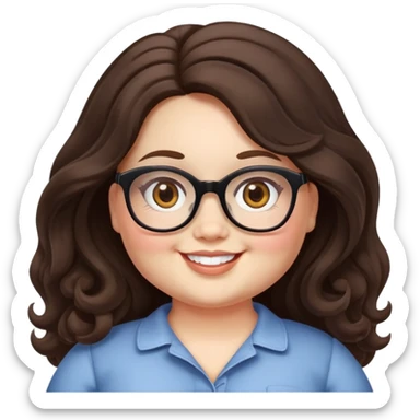  woman, long dark brown wavy hair, very light fair skin, hazel eyes, glasses, very chubby, doll style face,  sticker