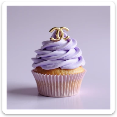 photorealistic pastel lavender Chanel cupcake with a gold logo accent, luxury style, no background sticker