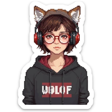 tan brunette girl with a short wolf haircut, round ruby glasses, black headphones, and a black hoodie sticker