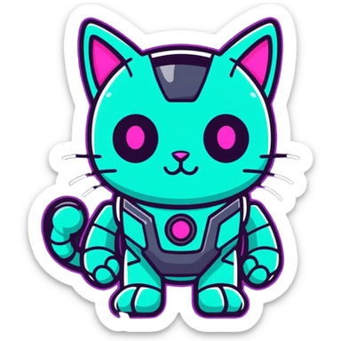 Robot cat saying : the betterment of the world can be accomplished through pure and goodly deeds in neon text sticker