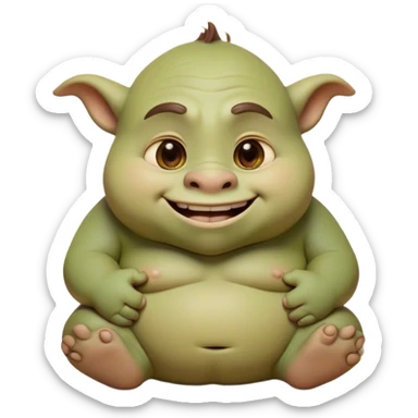Cinematic Cute Ogre Portrait Emoji, with a surprisingly endearing, plump and huggable figure in soft earthy greens and browns, featuring big, kind eyes and a bashful smile, simplified yet irresistibly adorable, highly detailed with a soft glowing outline that captures the charm of a friendly giant who seems ready for a warm hug! sticker