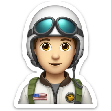 A white young boy with dark brown eyes and dark brown hair and a airplane pilot suit and a radio helmet sticker