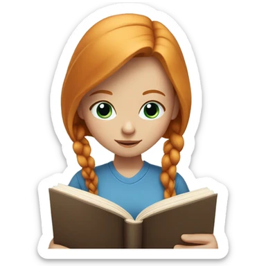 Ginger girl with straight hair and blue eyes reading book sticker