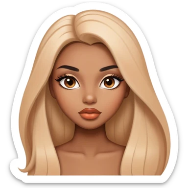 Glamourous, light brown skin tone, very beautiful girl, with big plump peach-beige lips, long long lashes, black straight smooth silky long hair, straight parting hair, brown eyes sticker