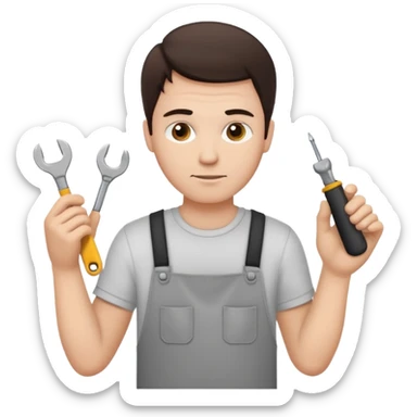 make a white guy with dark brown hair, with a simple white o grey shirt, repairing an iphone, un tecnico sticker