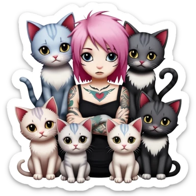 two emo cats in love with tattoos and cool hair, surrounded by five emo kittens sticker
