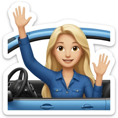 blonde long hairwoman driving car. one hand up Happy face confidence sticker
