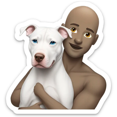 bald white man with blue eyes hugging all grey pit bull sticker