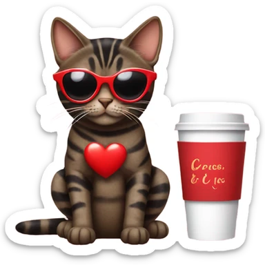 Black and brown tabby cat wearing red heart sunglasses drinking coffee  sticker
