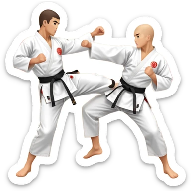Two karate fighters in traditional gi sparring. One executes a high kick aimed at the opponent’s head, while the other blocks with a strong hand defense. The background features a classic dojo with wooden flooring and banners. Dynamic motion and focused expressions. Transparent background. sticker
