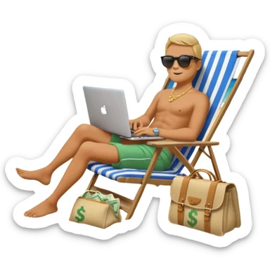 Emoji-style person relaxing on beach chair with laptop and money bag, “$20K” written in sand, sky gradient background, calm and successful tone sticker
