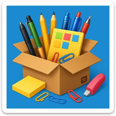 a cardboard box with assorted office supplies like pens, paper clips, and sticky notes spilling out in emoji style with a blue background sticker