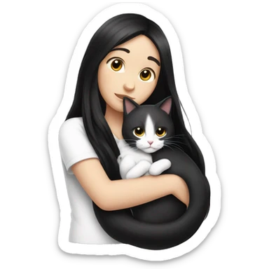 girl with very long black hair and  hugging a white cat sticker
