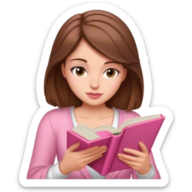 a brown haired, fair skinned female reader reading a pink romance novel sticker