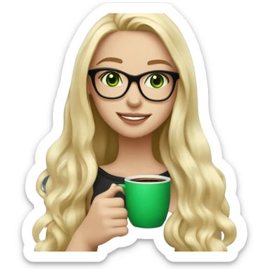 blond long hair girl with black framed glasses slavic face and green eyes smiling holding cup of coffee sticker
