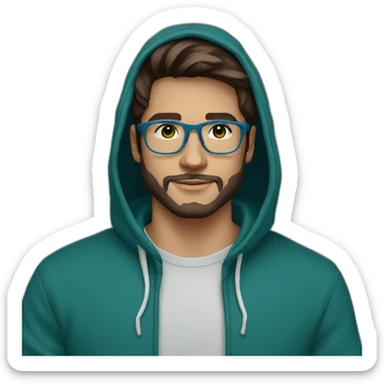 guy 26y.o., white transparent glasses, with a little beard, dark brown hair, dark green eyes in blue hoody sticker
