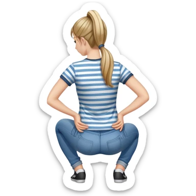 young woman with ponytail wearing jeans and striped t-shirt kneeling viewed from behind sticker