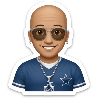 bald mexican cholo with square black oakley sunglasses no facial hair wearing a silver necklace with H on it and wearing cowboys jersey sticker
