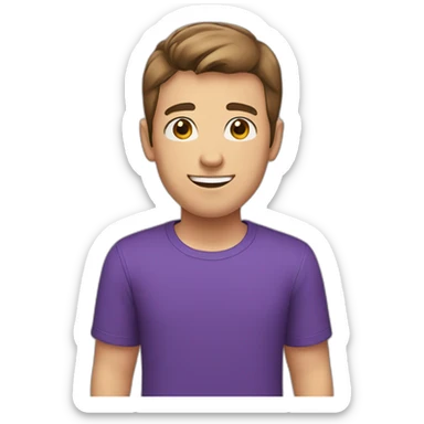 young man, greeting, brown short hair, purple t-shirt, white skin, head large sticker