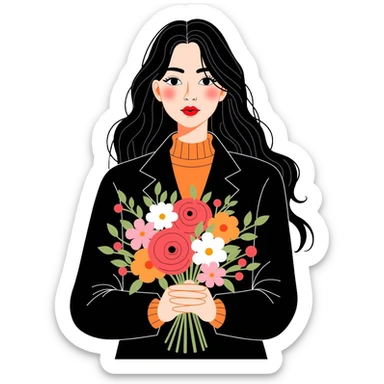 beautiful girl with long black hair wearing a black coat holding a bouquet of flowers sticker