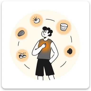 A warm glowing orb with food icons (meat, egg, beans, tofu, yogurt) orbiting around a semi-transparent muscular human body. The body is illuminated from within, with subtle muscle fibers that vibrate and expand. sticker