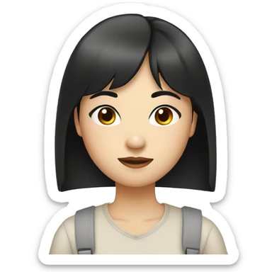 Asian girl with black hair and straight bangs with laptop sticker