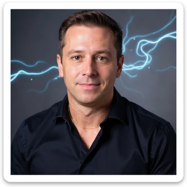 Vertical portrait of a man's face in a realistic professional photography style. The expression is relaxed. Include small symbols of energy and vitality spreading from the face. The atmosphere conveys regeneration and health thanks to fasting. sticker