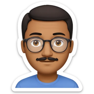 A friendly person with medium-brown skin, large warm brown eyes, thin rectangular glasses, a short mustache and small goatee, black hair. Rounded face, calm slight smile. Head-and-shoulders emoji style, bold outlines, simple shapes, bright colors, transparent background. sticker