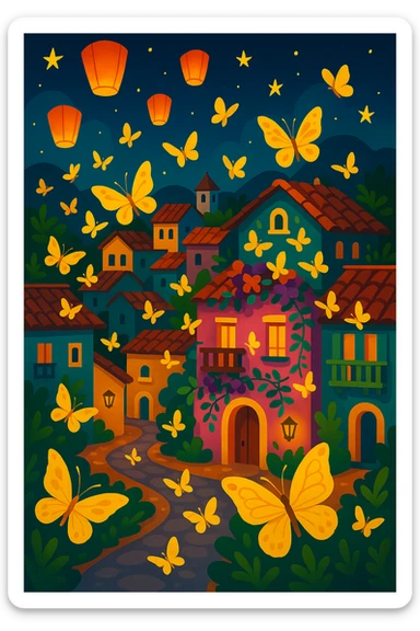 Add yellow butterflies fluttering around the mystical Colombian village, enhancing the magical realism atmosphere in a vibrant toon style. sticker