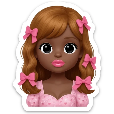 Doll, big chest, dark brown skin, honey brown hair, black cute eyes, pink bows with cute heart shaped lips sticker