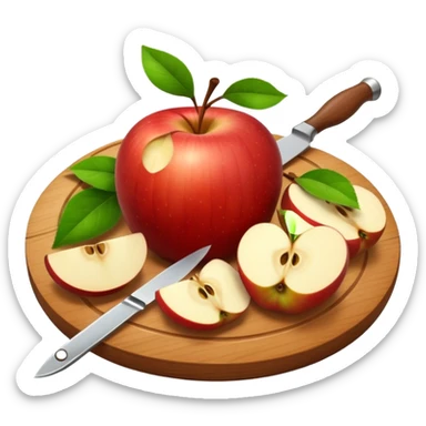 A round wooden board with a whole apple and several slices on it and knife with leaves, with a soft glow sticker
