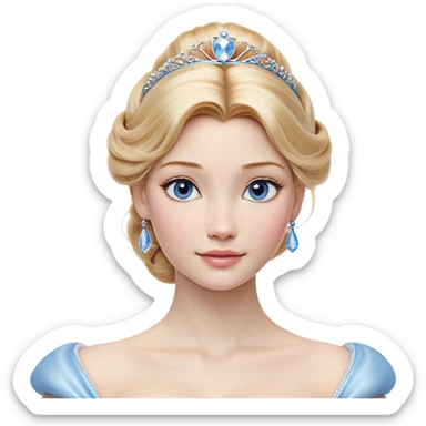 Cinematic Realistic Cinderella Portrait, depicted with lifelike skin texture, subtle rosy undertones, and soft natural lighting that enhances the gentle contours of her face. Her intricately detailed golden blonde hair is elegantly styled in an updo, with delicate wisps framing her face for added realism. Her deep, expressive blue eyes radiate warmth and sincerity, reflecting a quiet resilience and grace. She is dressed in her iconic ball gown, the fabric shimmering with intricate embroidery and fine translucent layers that catch the light beautifully. The soft sheen of satin gloves and the delicate sparkle of a glass-like slipper peeking from beneath her dress add a touch of magical realism. The portrait features an enchanting glow with a natural, luminous finish, seamlessly blending realism and fairytale charm to evoke a sense of depth, elegance, and timeless beauty. sticker