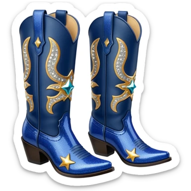 Realistic navy blue fashion cowgirl boots with sparkly shiny glitter  sticker
