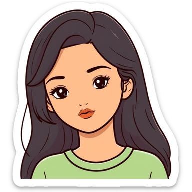 european girl with long black hair, long eyelashes, terracotta lips, light green top sticker