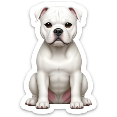 cinematic-[solid white american bulldog]-realistic-full-body-sitting-emoji,-tail-resting-loosely-beside-its-paws,-head-tilted-dramatically,-sleek-[solid white]-fur,-simplified-yet-realistic-focused-features,-highly-detailed,-glowing-with-an-almost-sarcastic-glow sticker