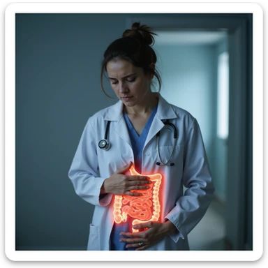 hyperrealistic 4K image of a woman in a medical coat, tired face, hand on abdomen, intestine highlighted in transparency with red inflamed areas, clinical environment sticker