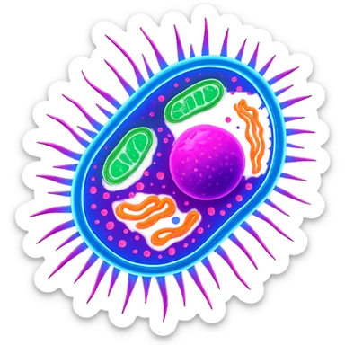 bacteria with visible nucleus and organelles, neon colors, high contrast sticker